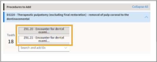 Procedures to add with yellow highlight box around the diagnosis selection boxes.